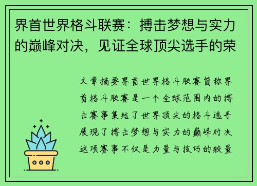 界首世界格斗联赛：搏击梦想与实力的巅峰对决，见证全球顶尖选手的荣耀之战