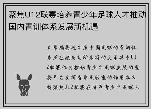 聚焦U12联赛培养青少年足球人才推动国内青训体系发展新机遇